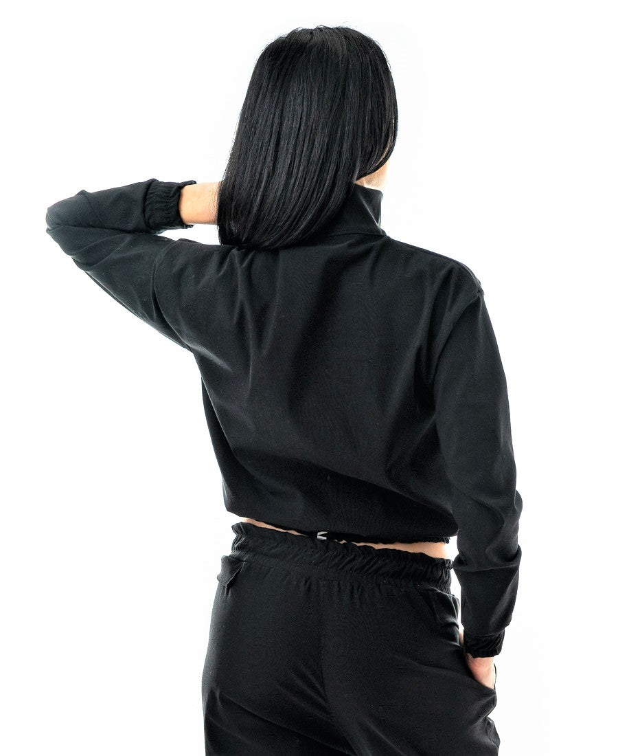 Bluza casual neagra cu guler, fermoar si model aplicat pe fata