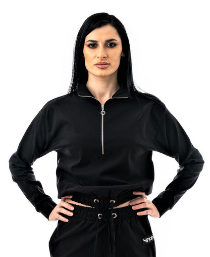Bluza casual neagra cu guler si fermoar la gat