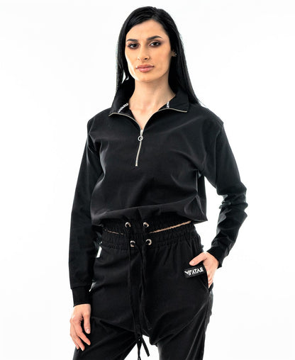 Bluza casual neagra cu guler si fermoar la gat