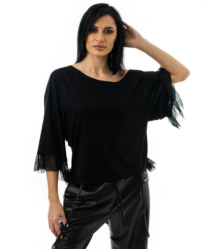 Tricou negru cu volane