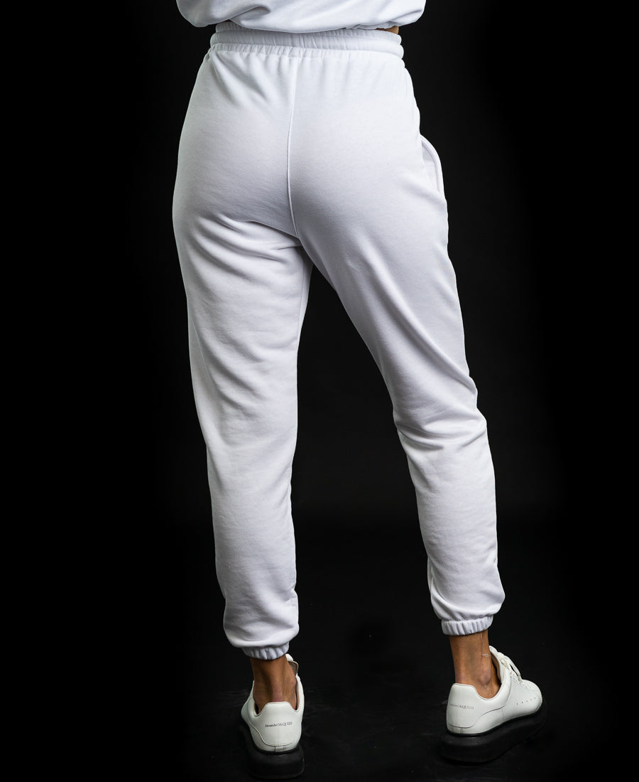 Pantaloni albi imprimati cu folie aplicata prin termotransfer