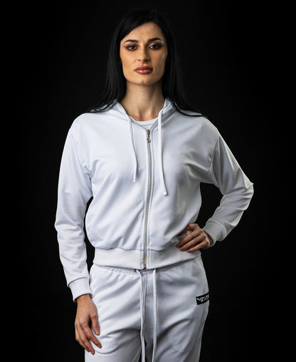Bluza alba de trening cu fermoar si gluga