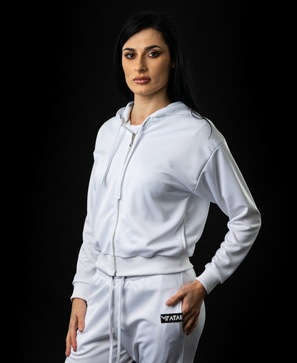 Bluza alba de trening cu fermoar si gluga