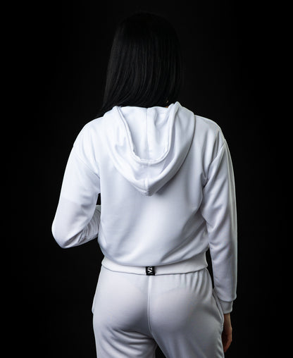 Bluza alba de trening cu fermoar si gluga