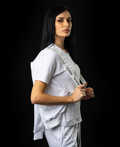 Bluza alba de trening cu fermoar si gluga