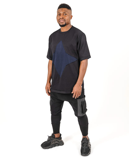 Tricou negru oversize cu design albastru