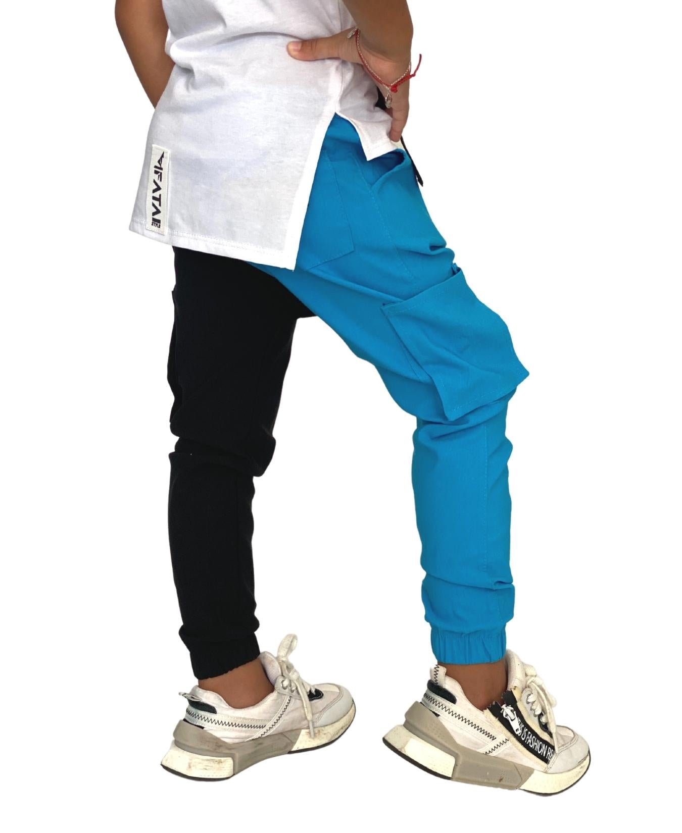 Pantaloni negru/bleu unisex cu buzunare laterale