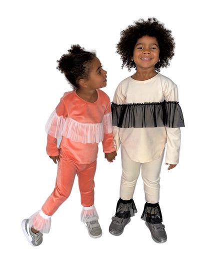 Compleu fete cu volane pantaloni detasabile - crem (bluza+pantalon)