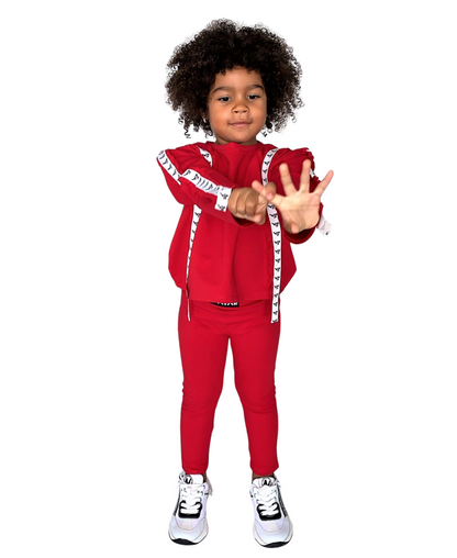 Compleu fete rosu cu detalii pe maneci (bluza+colant)
