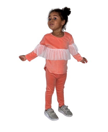 Compleu fete cu volane pantaloni detasabile - piersica (bluza+pantalon)