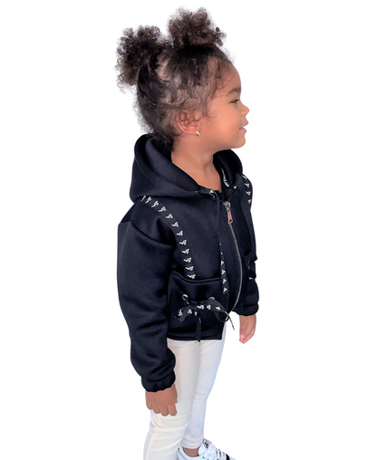 Jacheta neagra bomber cu fundite pe buzunare si bretele pe interior tip ghiozdan