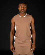 Încarcă imaginea în vizualizatorul Galerie, Brown sleveless t-shirt with white line - Fatai Style
