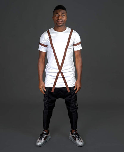 White t-shirt with long brown design - Fatai Style