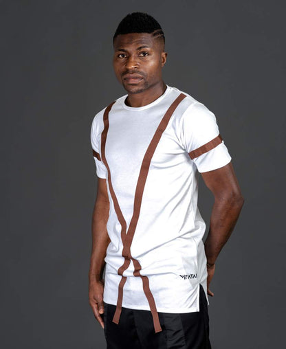 White t-shirt with long brown design - Fatai Style