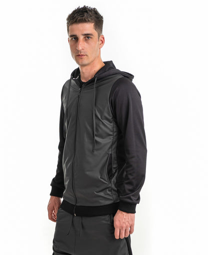 Bluza de trening neagra din bumbac si imitatie piele