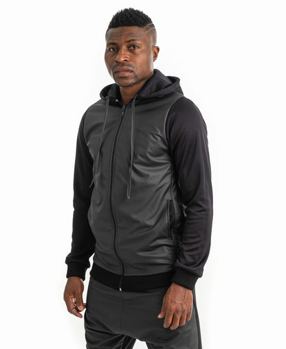 Bluza de trening neagra din bumbac si imitatie piele